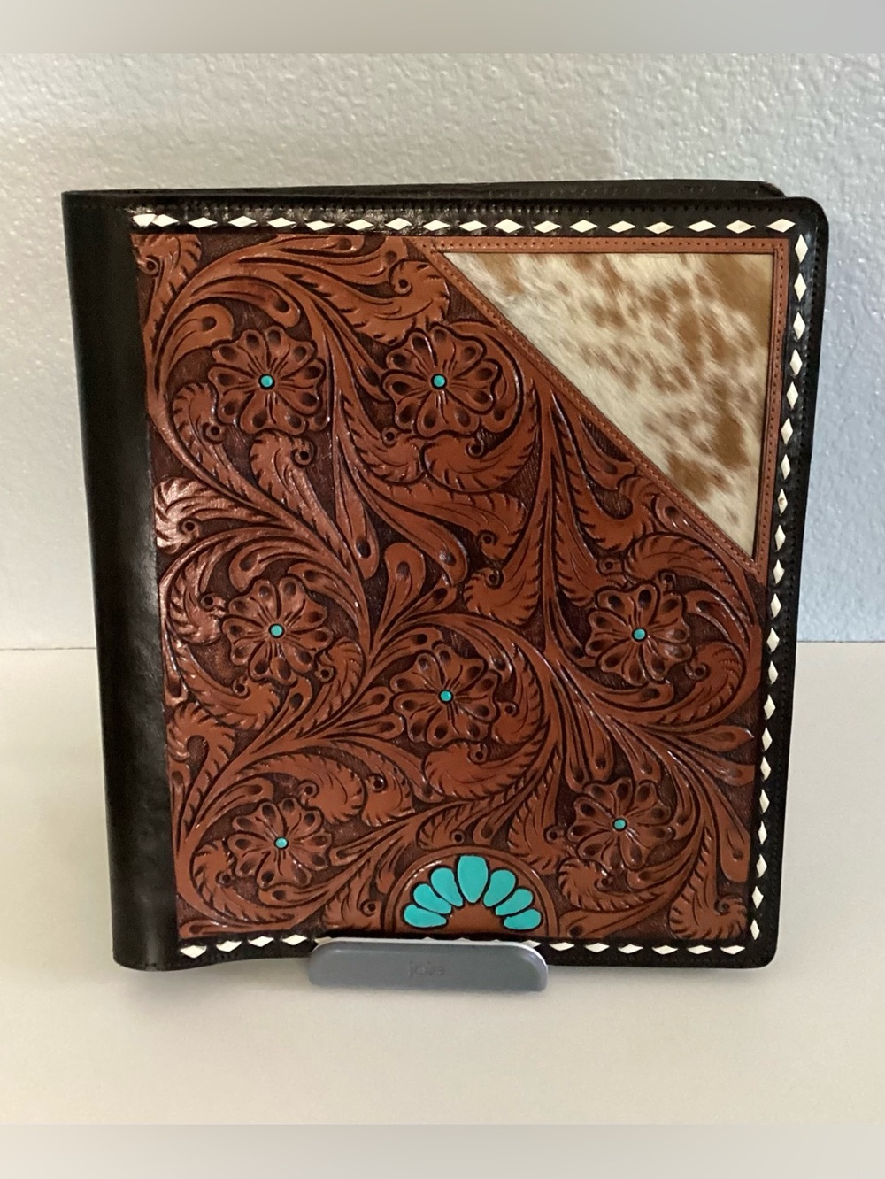 Tooled Leather Portfolio Western Style Turquoise Accents